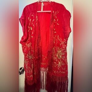 Woman’s Free People Red Floral Kimono with Fringe and gold embroidered flowers